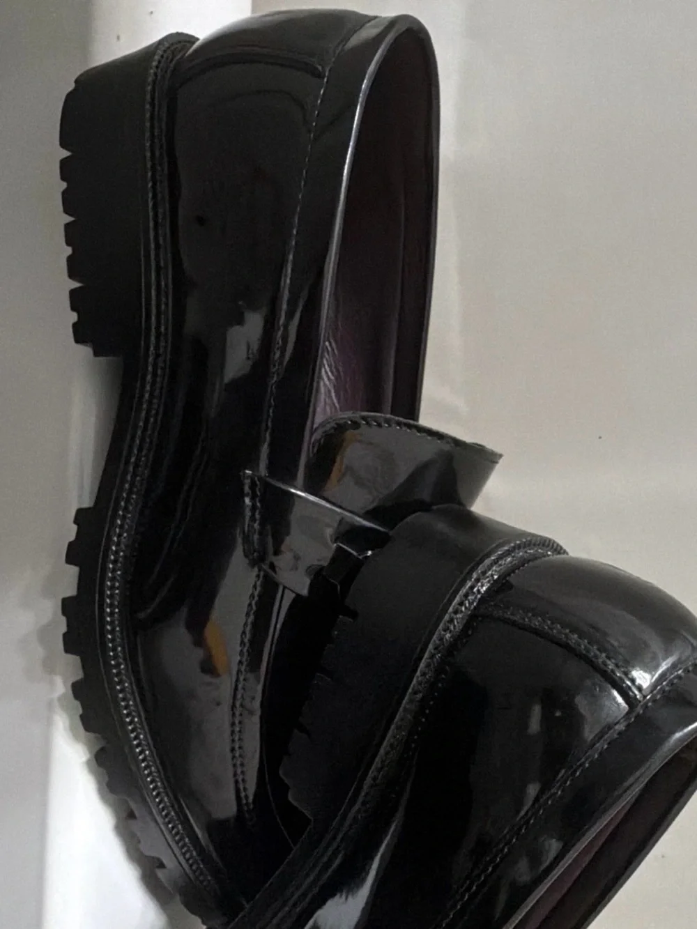 Patent Leather Lug Sole Loafers in Black